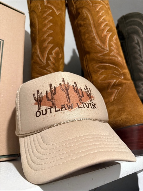 OTTO Accessories - OTTO Outlaw Livin’ Beige Trucker Cap with Country Western Desert Cactus Graphic